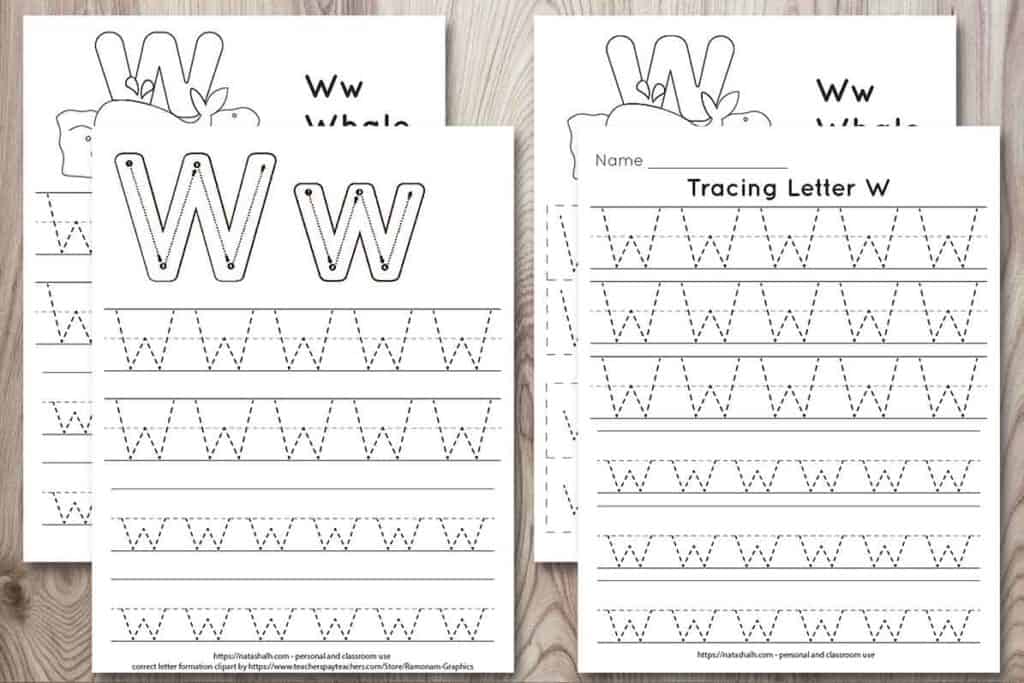 four free letter w tracing printables on a wood background. Each features uppercase and lowercase letter w's to trace in a dotted font. One has correct letter formation graphics and two have a cute whale to color and the text "Ww whale"