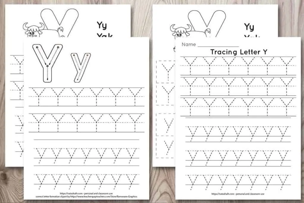 four free letter y tracing printables on a wood background. Each features uppercase and lowercase letter y's to trace in a dotted font. One has correct letter formation graphics and two have a cute yak to color and the text "Yy Yak"