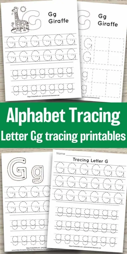 free printable letter g tracing worksheets. There are four worksheets on a wood grain background. Each worksheet has uppercase and lowercase letter g's to trace. Two pages have a giraffe to color. One has correct letter formation graphics.