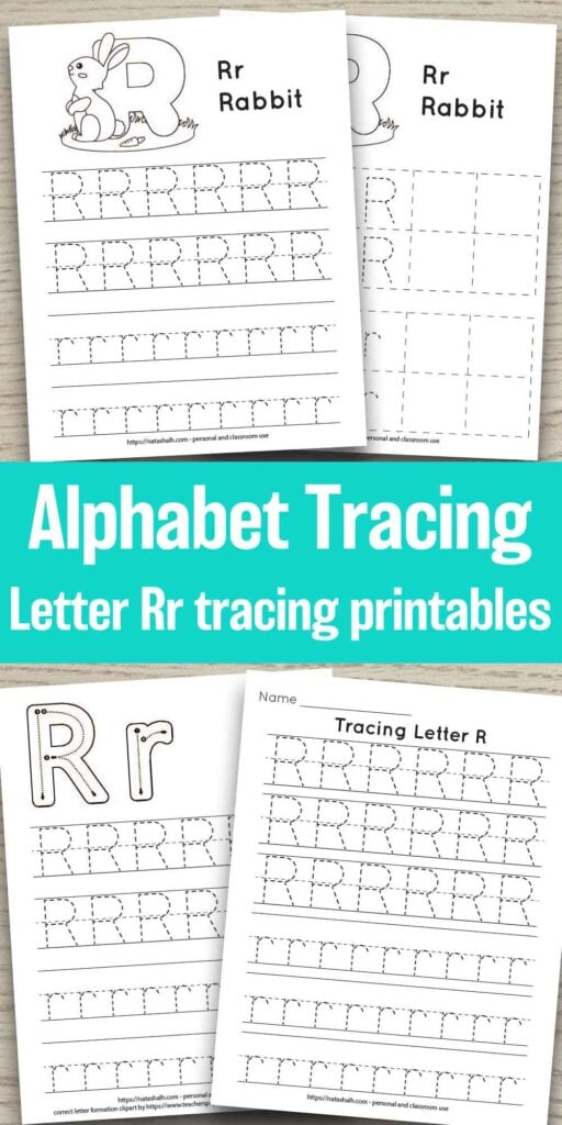 Four printable tracing worksheets for the letter A. Each worksheet features the letter in capital and lowercase in a dotted font for easy tracing. Three worksheets have lines and one worksheet has boxes to fill in with the letter. In the center of the image is the text overlay "Alphabet tracing Letter Rr tracing printables"