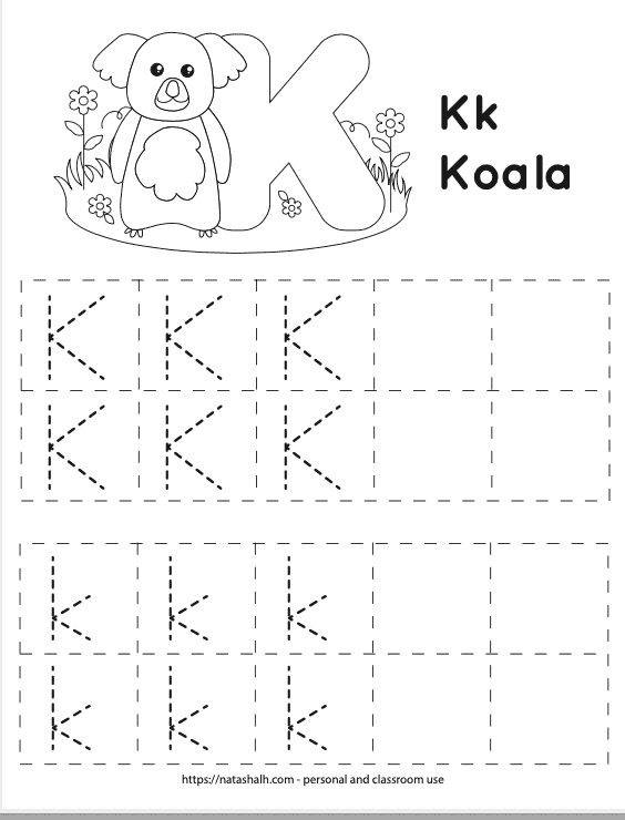 Free printable letter k worksheet with dotted uppercase k's and lowercase k's to trace. They are in boxes. There are four rows of boxes with five boxes in each row. At the top of the page is a cute koala to color and a bubble letter k.