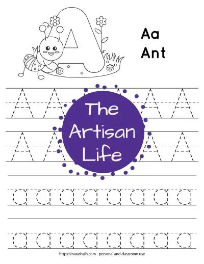 letter-a-tracing---Ant image with dotted letters to trace