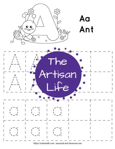 letter-a-tracing---squares with dotted letters to trace and an ant to color