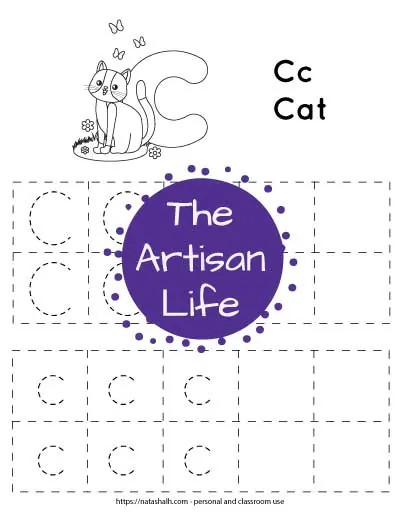 letter c tracing page with dotted C and c in boxes to trace. There is also a cat to color.
