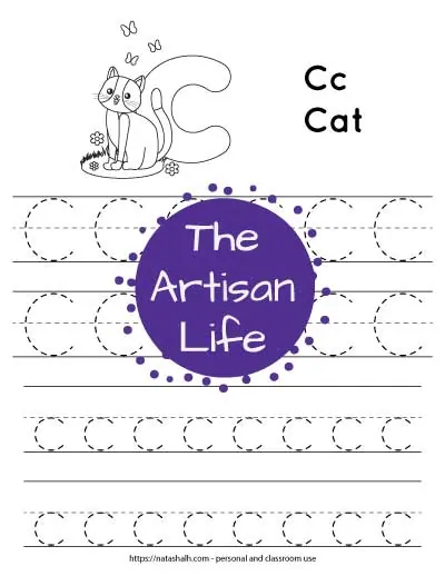 letter c tracing worksheet with C and c in a dotted font to trace and a cat to color