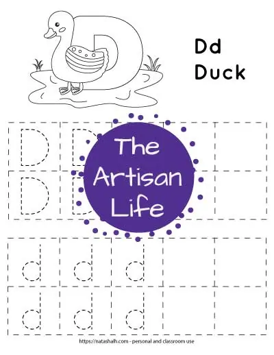 Letter D tracing worksheet with capital and lowercase letters in a dotted font to trace. The letter are in dotted boxes. There is also a duck to color at the top of the page.
