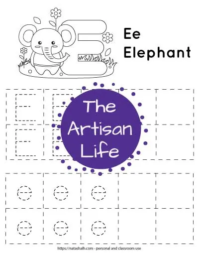 Letter E tracing worksheet. The letters are in boxes and in a dotted font to trace. There is an elephant and a large bubble E at the top of the page to color