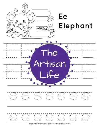 Letter E tracing worksheet. The letters are on lines and in a dotted font to trace. There is an elephant and a large bubble E at the top of the page to color