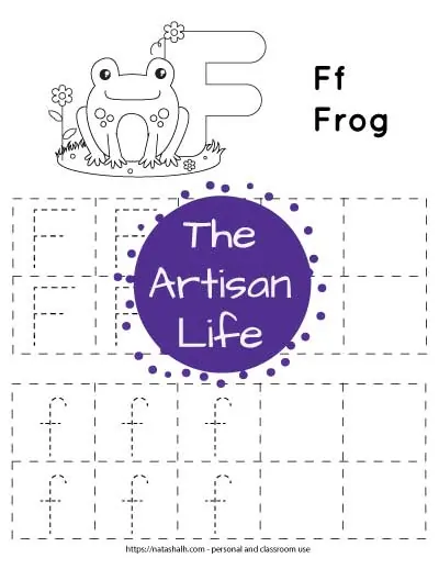 letter f tracing worksheet with dotted f's to trace in boxes and a frog to color