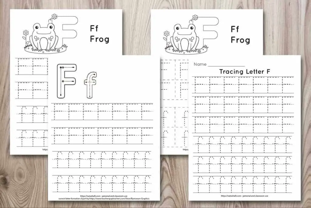 Four printable letter f tracing worksheets on a wood background. All four worksheets featured the letters Ff in a dotted font to trace. Two printables have a frog to color, one has correct image formation graphics, and the last printable has size lines of f's to trace.
