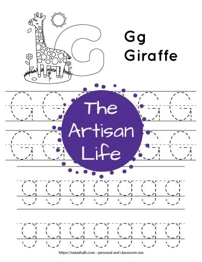 Free printable letter g tracing worksheet with uppercase and lowercase g's and a giraffe to color