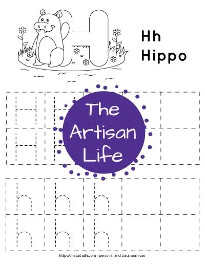 A printable letter h tracing worksheet for young children. There are uppercase and lowercase letter h's in boxes to trace. The top of the page has a waving hippo and a large bubble letter H to color in.