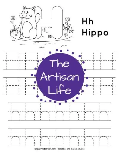 A printable letter h tracing worksheet for young children. There are two lines of uppercase h's and two lines of lowercase h's to trace. The top of the page has a waving hippo and a large bubble letter H to color in.