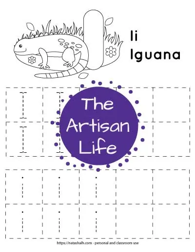 Free printable letter I tracing worksheet with two rows of dotted uppercase I's to trace in boxes and two rows of dotted lowercase i's to trace in boxes. At the top of the page there is an iguana and a large bubble letter I to color.
