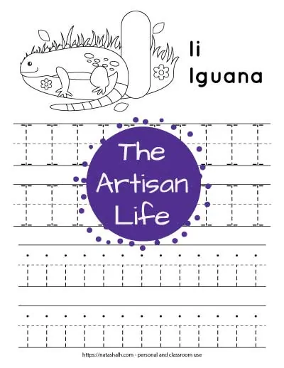Free printable letter I tracing worksheet with two rows of dotted uppercase I's to trace and two rows of dotted lowercase i's to trace. At the top of the page there is an iguana and a large bubble letter I to color.