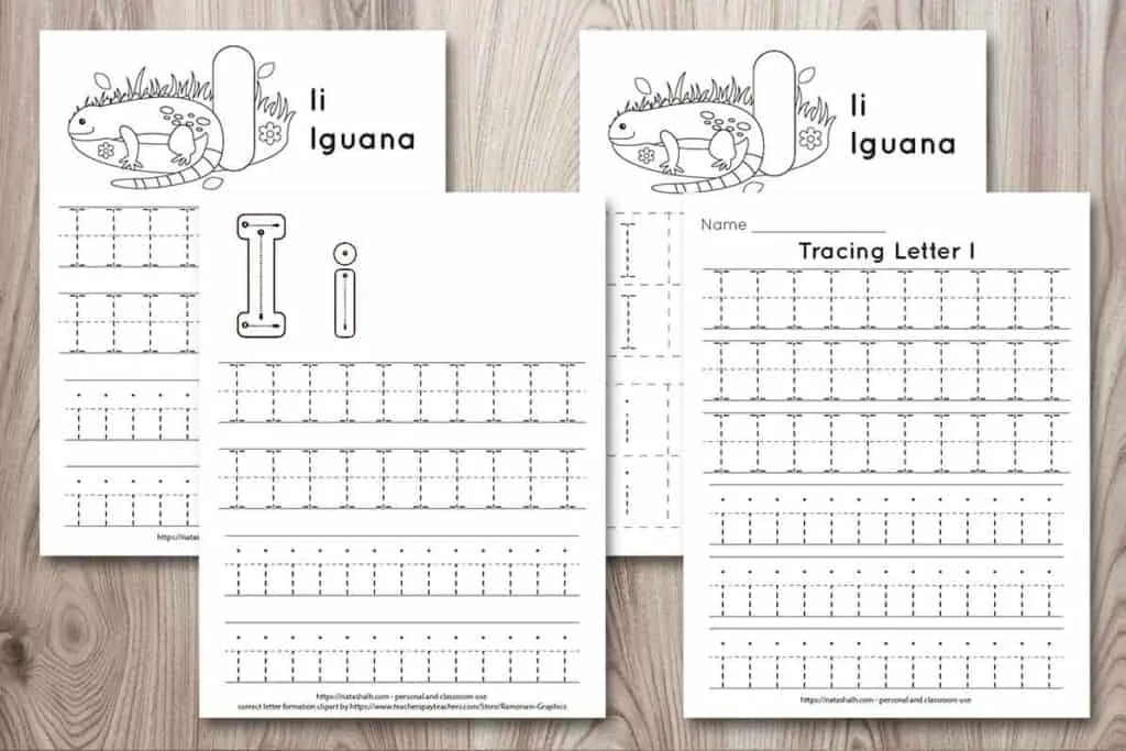 four free printable letter i tracing worksheets on a wood background. All have uppercase and lowercase i's to trace. Two have an iguana to color and one has correct letter formation graphics