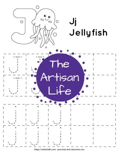 Printable letter j tracing worksheet with dotted letter j's to trace in boxes. There is a jellyfish to color at the top of the page.
