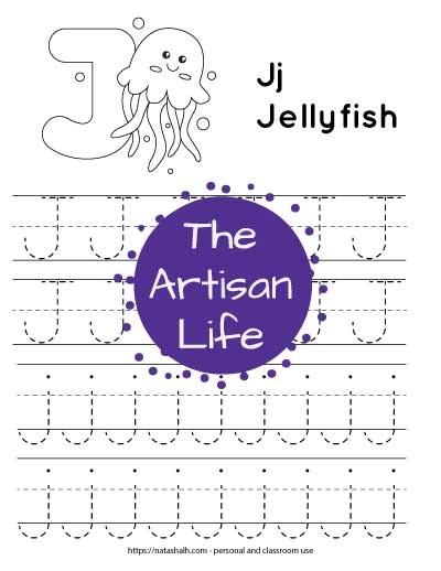 Printable letter j tracing worksheet with four lines of dotted letter j's to trace. Half are uppercase and half are lowercase. There is a jellyfish and a large bubble J to color at the top fo the page.