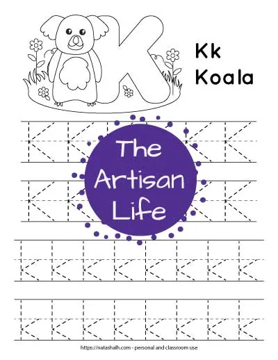 Printable letter k tracing page with four rows of dotted k's to trace. Half are uppercase and half are lowercase. At the top of the page is a koala to color and the text "Kk koala"