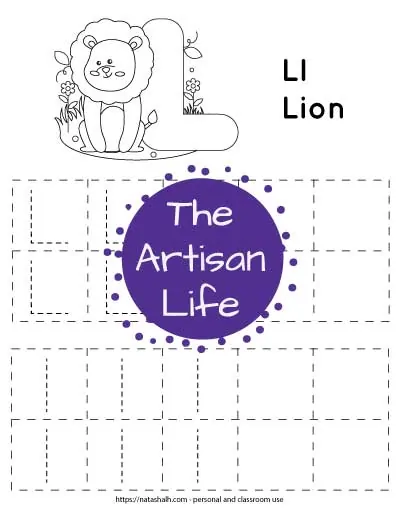 Letter l tracing worksheet with lowercase and uppercase l's in a dotted font in boxes to trace. There are four rows with five boxes in each row. Two boxes per row are blank. At the top of the page is a lion to color.