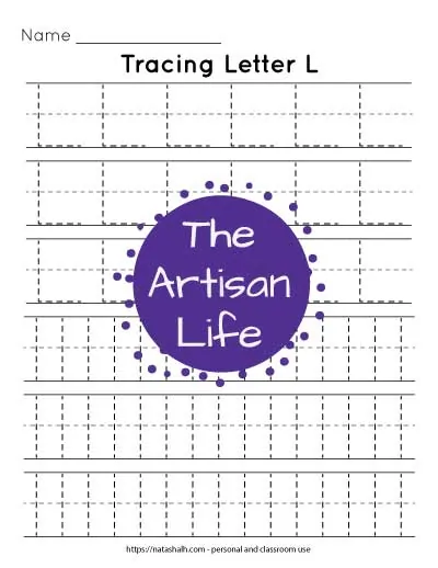 Printable letter l tracing worksheet with six lines of dotted letter l's to trace. Three lines are uppercase and three are lowercase. 