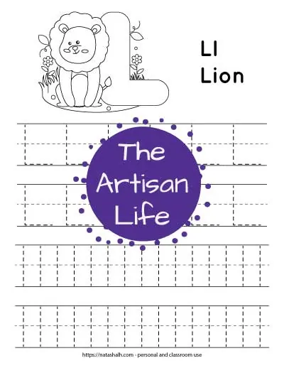 Printable preschool worksheet for tracing the letter l. There are four lines of dotted l's to trace. Half are uppercase and half are lowercase. At the top of the page is a lion and a large bubble L to color.