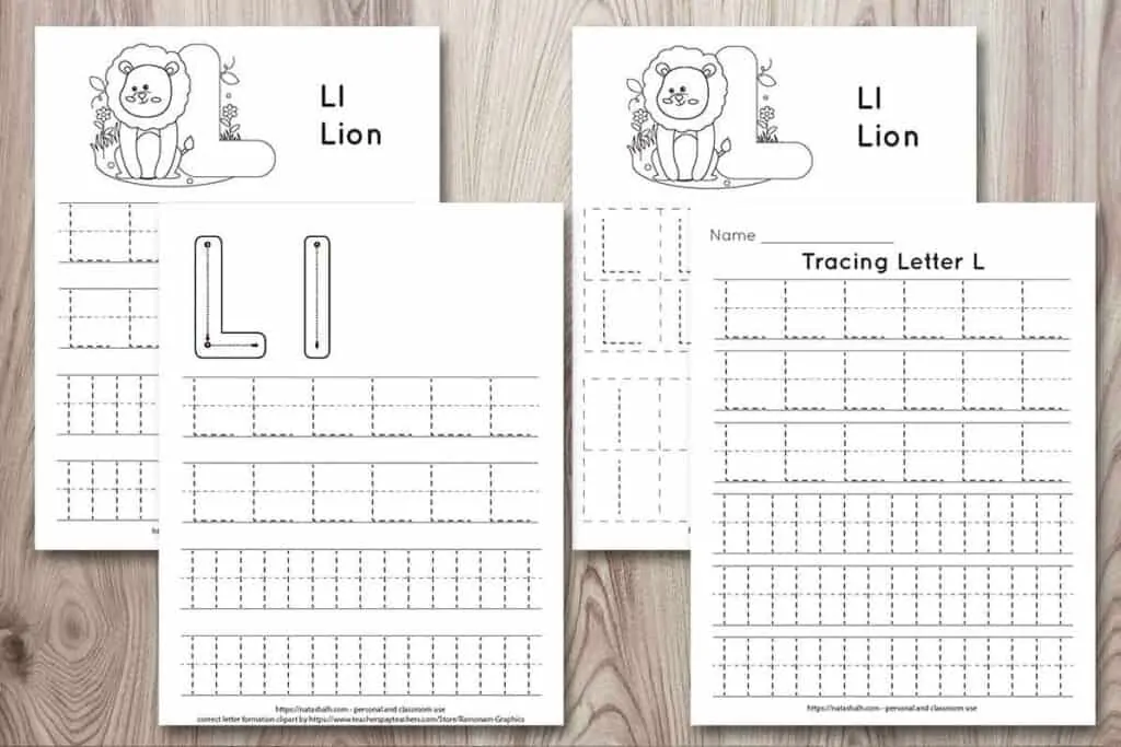Four printable letter l tracing pages on a wood background. All feature uppercase and lowercase letter l's to trace in a dotted font. Two have a lion to color and one page has correct letter formation graphics for uppercase and lowercase l's. The last page is all lined tracing practice with no additional graphics.