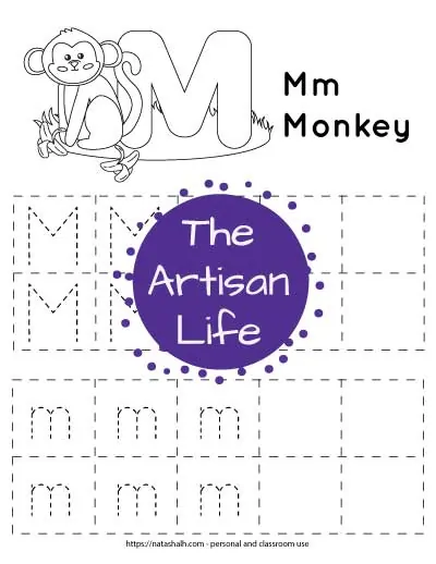 Letter m tracing worksheet with lowercase and uppercase m's in a dotted font in boxes to trace. There are four rows with five boxes in each row. Two boxes per row are blank. At the top of the page is a monkey with bananas to color.