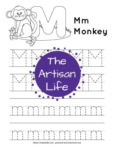 Printable preschool worksheet for tracing the letter m. There are four lines of dotted m's to trace. Half are uppercase and half are lowercase. At the top of the page is a monkey and a large bubble M to color.