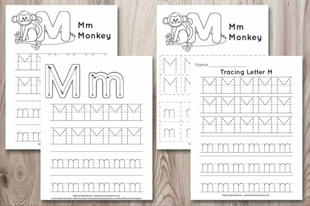 Four printable letter m tracing pages on a wood background. All feature uppercase and lowercase letter m's to trace in a dotted font. Two have a monkey to color and one page has correct letter formation graphics for uppercase and lowercase m's. The last page is all lined tracing practice with no additional graphics.