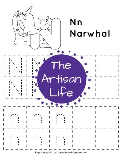 Letter n tracing worksheet with lowercase and uppercase n's in a dotted font in boxes to trace. There are four rows with five boxes in each row. Two boxes per row are blank. At the top of the page is a narwhal to color