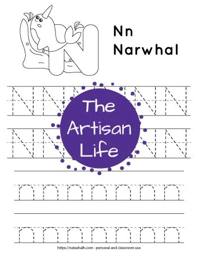 Printable preschool worksheet for tracing the letter n. There are four lines of dotted n's to trace. Half are uppercase and half are lowercase. At the top of the page is a narwhal and a large bubble N to color.