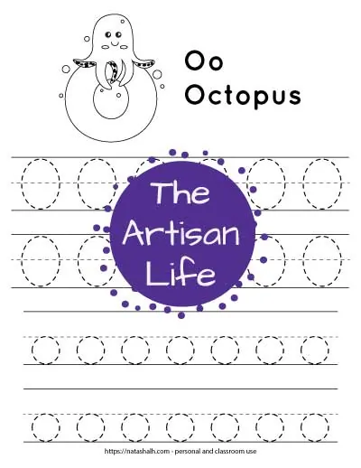 Letter o tracing worksheet with four lines of dotted letter os' tot race. At the top of the page is an octopus on a large bubble letter o to color and the text "Oo octopus"