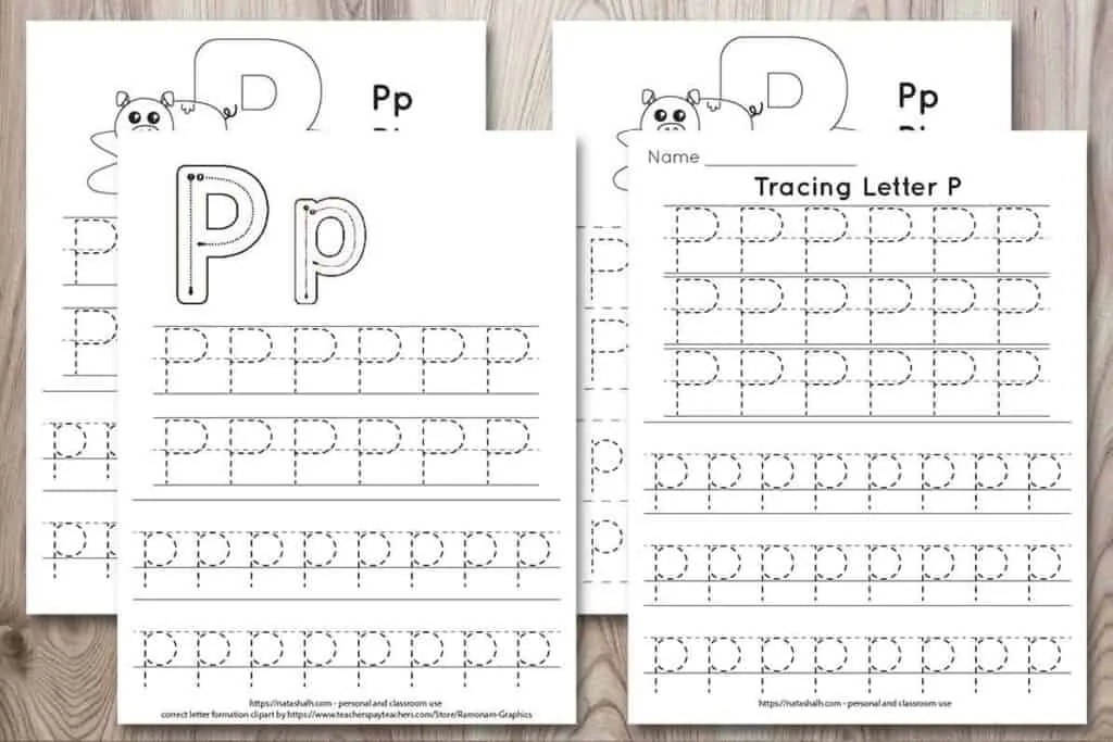 Free printable letter p tracing worksheets. There are four worksheets on a wood background. All have uppercase and lowercase letter p's in a dotted font to trace. Two worksheets have a pig to color. One has correct letter formation graphics for the letter p. The other has six lines of letter p tracing practice without extra images.