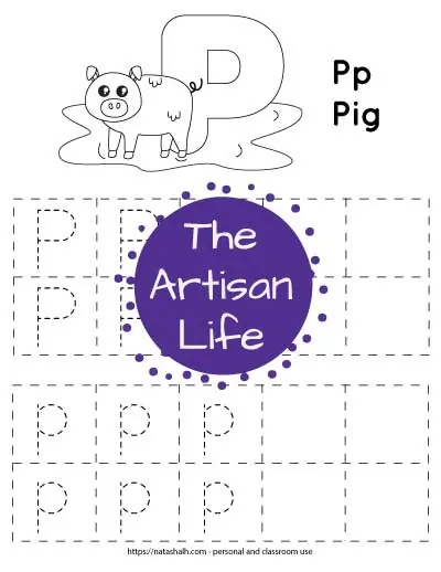 Letter p tracing worksheet with dotted letter p's in boxes to trace. At the top of the page is a pig with a large bubble letter p to color and the text "Pp Pig"