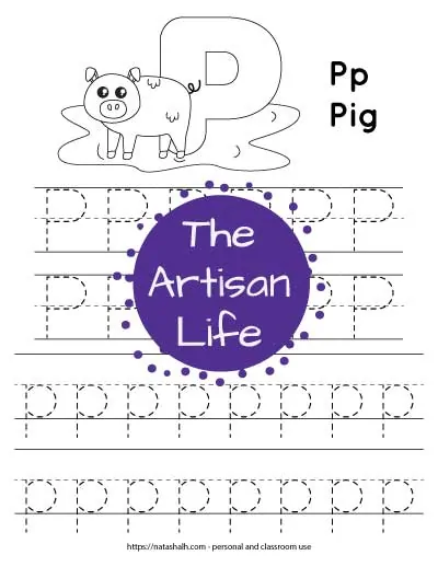 Letter p tracing worksheet with dotted letter p's on lines to trace. There are two lines of uppercase p and two lines of lowercase p. At the top of the page is a pig with a large bubble letter p to color and the text "Pp Pig"