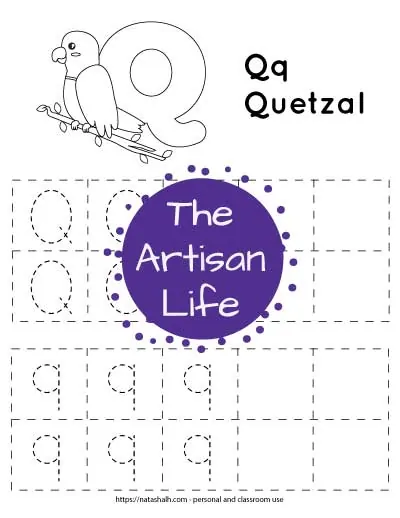 Free printable letter q tracing worksheet with uppercase and lowercase q's in a dotted font to trace. The q's are in boxes. At the top of the page is a bubble letter Q and a quetzal bird to color with the text "Qq quetzal"