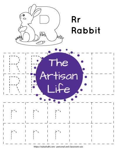 Letter r tracing worksheet with dotted letter r's in boxes to trace. At the top of the page is a rabbit with a large bubble letter r to color and the text "Rr rabbit"