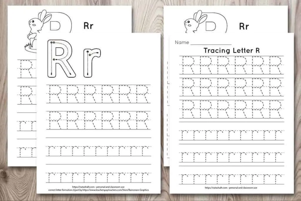 Four printable tracing worksheets for the letter r. Each worksheet features the letter in capital and lowercase in a dotted font for easy tracing. Three worksheets have lines and one worksheet has boxes to fill in with the letter.