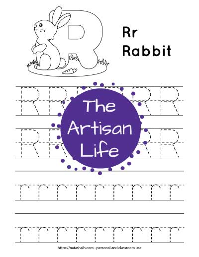 Letter r tracing worksheet with dotted letter r's on lines to trace. There are two lines of uppercase r and two lines of lowercase r. At the top of the page is a rabbit with a large bubble letter r to color and the text "Rr rabbit"