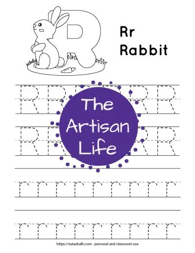 Letter r tracing worksheet with dotted letter r's on lines to trace. There are two lines of uppercase r and two lines of lowercase r. At the top of the page is a rabbit with a large bubble letter r to color and the text "Rr rabbit"