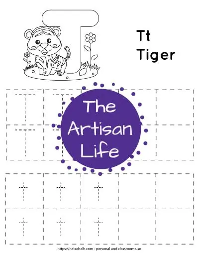 Letter t tracing worksheet with dotted letter t's in boxes to trace. There are two lines of uppercase t and two lines of lowercase t. At the top of the page is a tiger with a large bubble letter T to color and the text "Tt tiger"