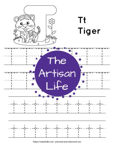 Letter t tracing worksheet with dotted letter t's on lines to trace. There are two lines of uppercase t and two lines of lowercase t. At the top of the page is a tiger with a large bubble letter T to color and the text "Tt tiger"