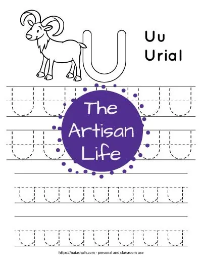 Letter tracing worksheet with dotted letter u's on lines to trace. There are two lines of uppercase u and two lines of lowercase u. At the top of the page is a urial with a large bubble letter U to color and the text "Uu Urial"