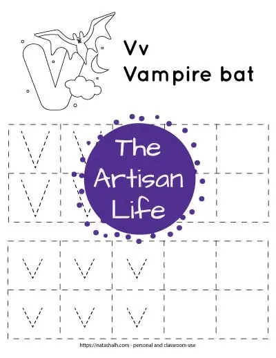 Letter tracing worksheet with dotted letter v's in boxes to trace. There are two rows of uppercase v and two rows of lowercase v. At the top of the page is a urial with a large bubble letter V to color and the text "Vv vampire bat"