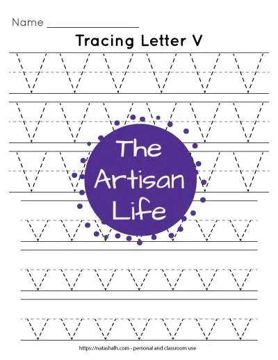 six lines of dotted letter v tracing printable for preschool