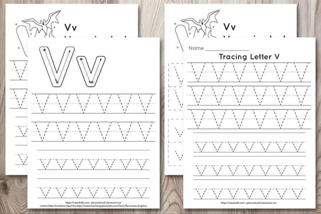 four free letter v tracing printables on a wood background. Each features uppercase and lowercase letter v's to trace in a dotted font. One has correct letter formation graphics and two have a vampire bat to color and the text "Vv vampire bat