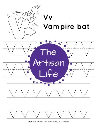 Letter tracing worksheet with dotted letter v's on lines. There are two rows of uppercase v and two rows of lowercase v. At the top of the page is a urial with a large bubble letter V to color and the text "Vv vampire bat"