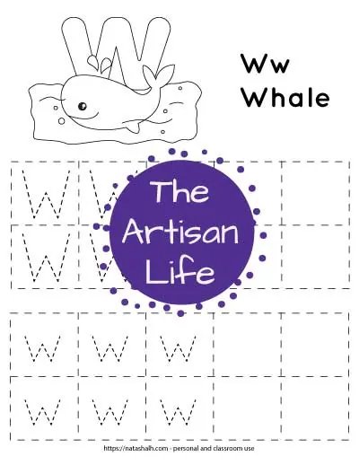Letter tracing worksheet with dotted letter w's in boxes to trace. There are two rows of uppercase w and two rows of lowercase w. At the top of the page is a whale with a large bubble letter W to color and the text "Ww whale"