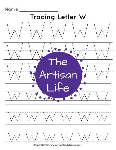 Letter w tracing practice printable with three lines each of uppercase and lowercase w's in a dotted font to trace